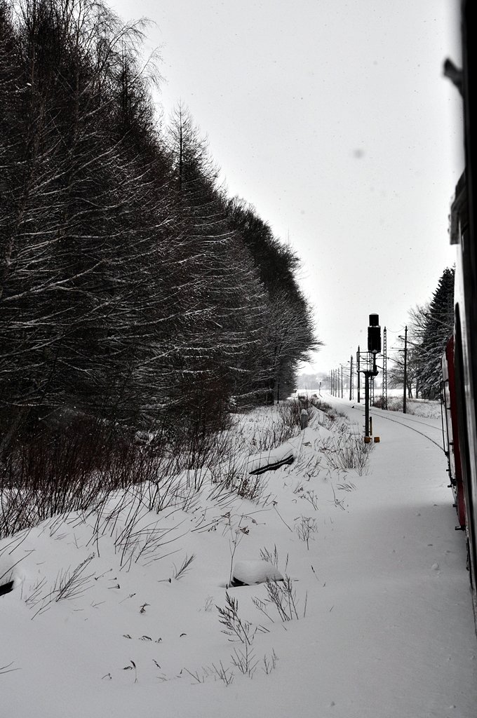 Fahrt durch's winterliche Vorpommern - eine witterungsbedingte Weichenstrung in Buchenhorst, kurz vor Velgast, macht ein Foto mglich auf dem Weg nach Hause nach Stralsund am 13.02.2010