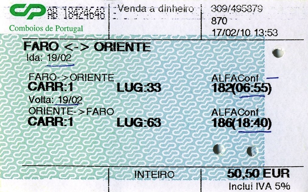 FARO (Distrikt Faro), 19.02.2010, Fahrkarte 1.Klasse von Faro nach Lisboa Oriente und zurück mit dem Alfa Pendular