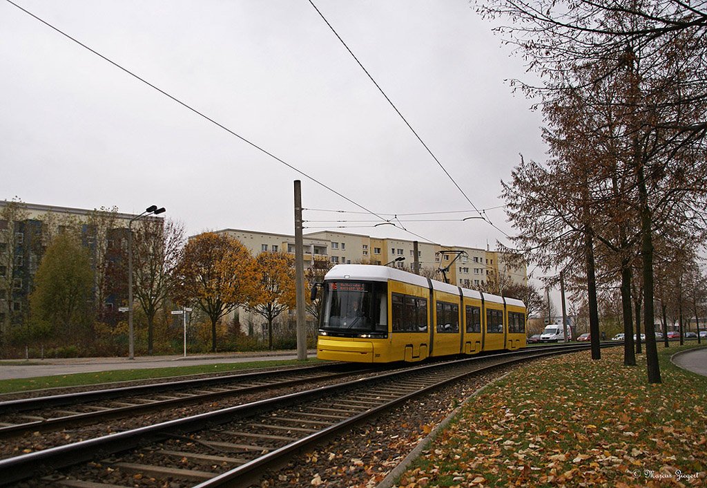 Flexity Typ GT6-08  - Auf der Linie M6 nach Hellersdorf Riesaer Strasse.
Der Zug hat gerade die Hst. U-Bahnhof Hellersdorf verlassen und wird in krze die Hst. Nossener Strasse erreichen.
Wagen 3001
11.11.2009