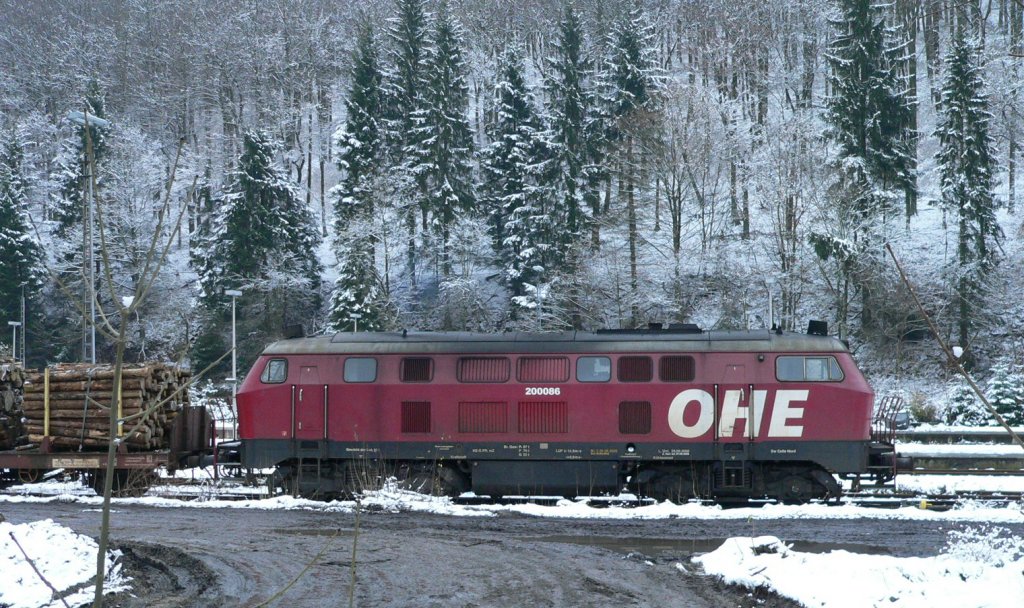 Folge von Tief Kyrill: BR 200 086 (ehem. BR 216) beim Holztransport in Brilon Wald (15.11.2007)