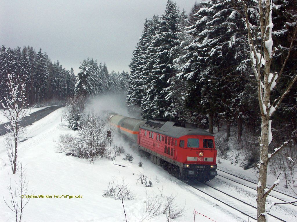 Fotografenglck: Unerwartet kam am Mittag des 27.01.2011 dieser Gterzug bei Martinlamitz aus dem winterlichen Wald gerauscht. Zuglok ist 232 354.