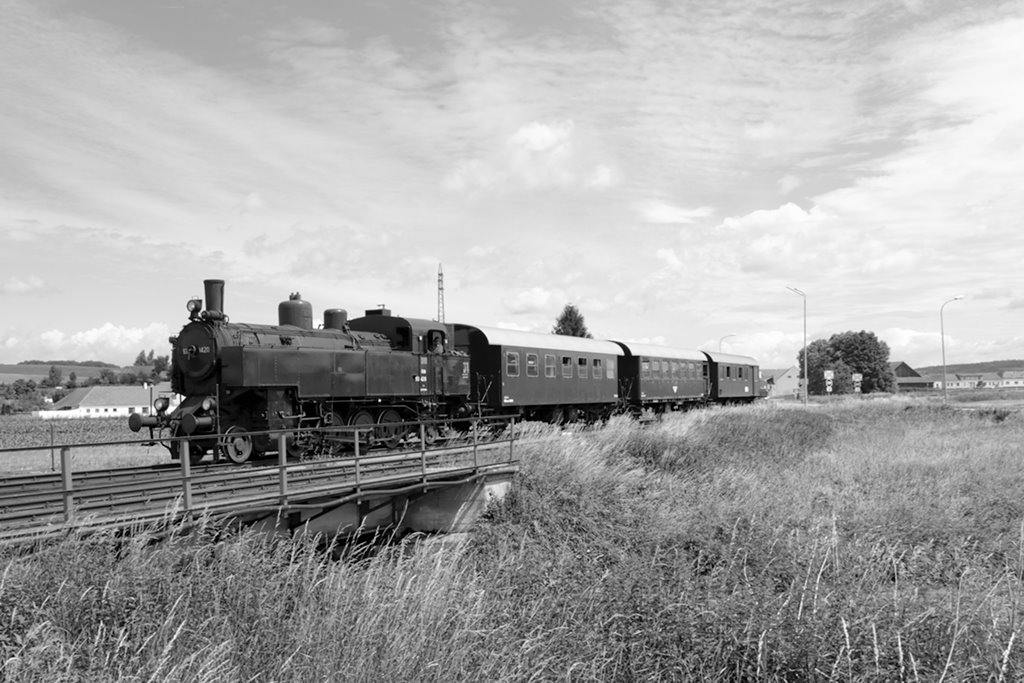 Fotozug mit der 93.1420 bei Pleissing-Waschbach auf der Fahrt von Retz nach Drosendorf (24.06.2011)