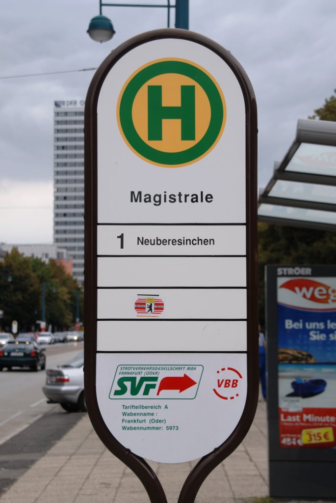 FRANKFURT (Oder), 23.09.2009, Haltestellenschild der Tramlinie 1