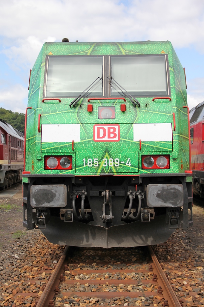 Frontansicht der 185 389-4. Aufgenommen am 23.07.2011 am Tag der offenen Tr bei Uwe Adam in Eisenach.