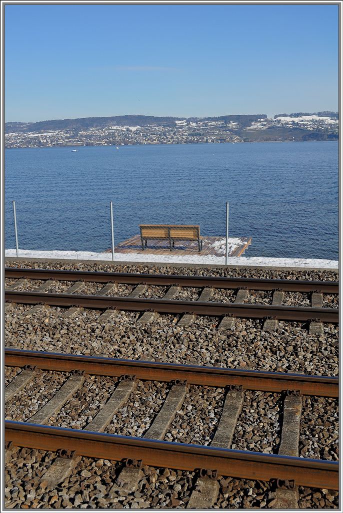 Frher sass man Richtung Chur im Zug in der ersten Reihe, heute sind es die Spaziergnger auf der Bank am neuen Strandweg zwischen Richterswil und Wdenswil. (19.02.2013)