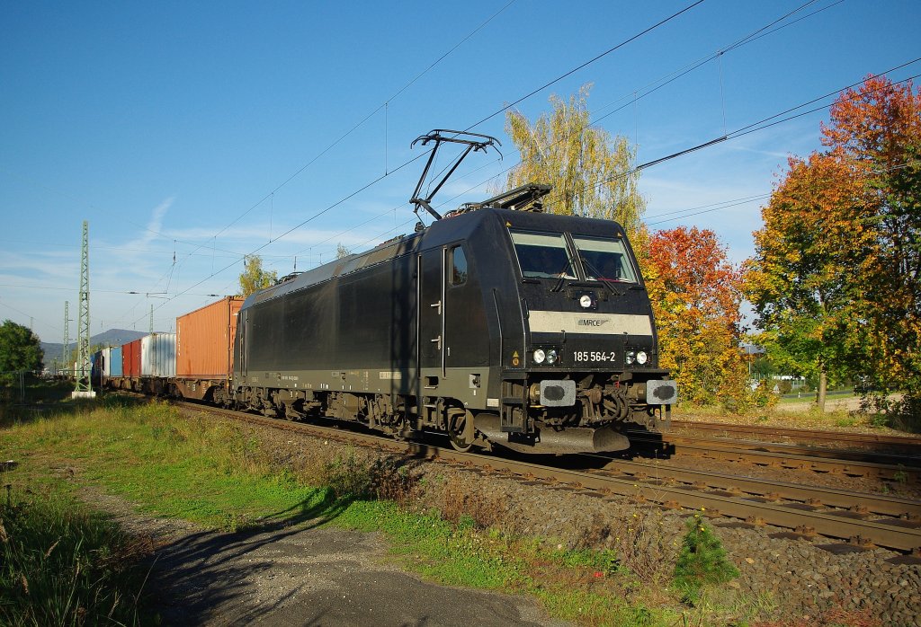 Fr�hherbstliche Stimmung herrschte am 08.10.2010 schon, als die B�ume langsam bunter wurden und 185 564-2 mit einem Containerzug in Richtung S�den am B� Eltmannshausen/Oberhone vorbei kam.