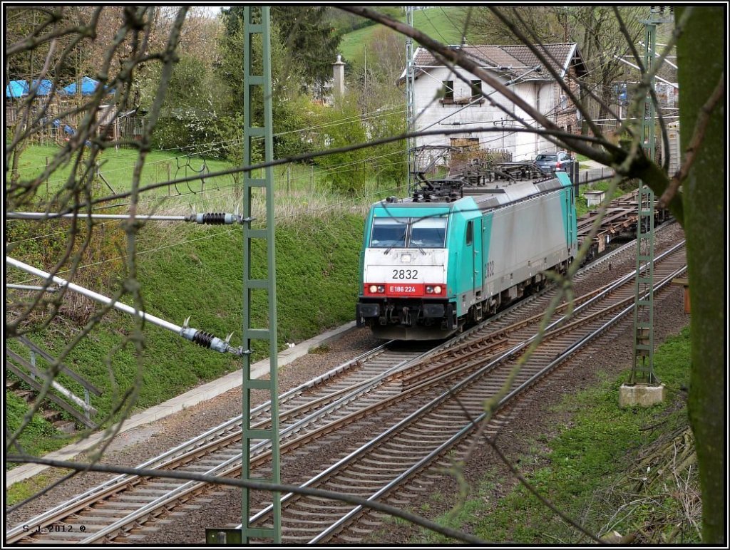 Fr�hling am Gemmenicher Tunnel. Die belgische Trax (Cobra) mit einen G�terzug am Haken auf ihren letzten Metern die Steilrampe hinauf nach Montzen.
