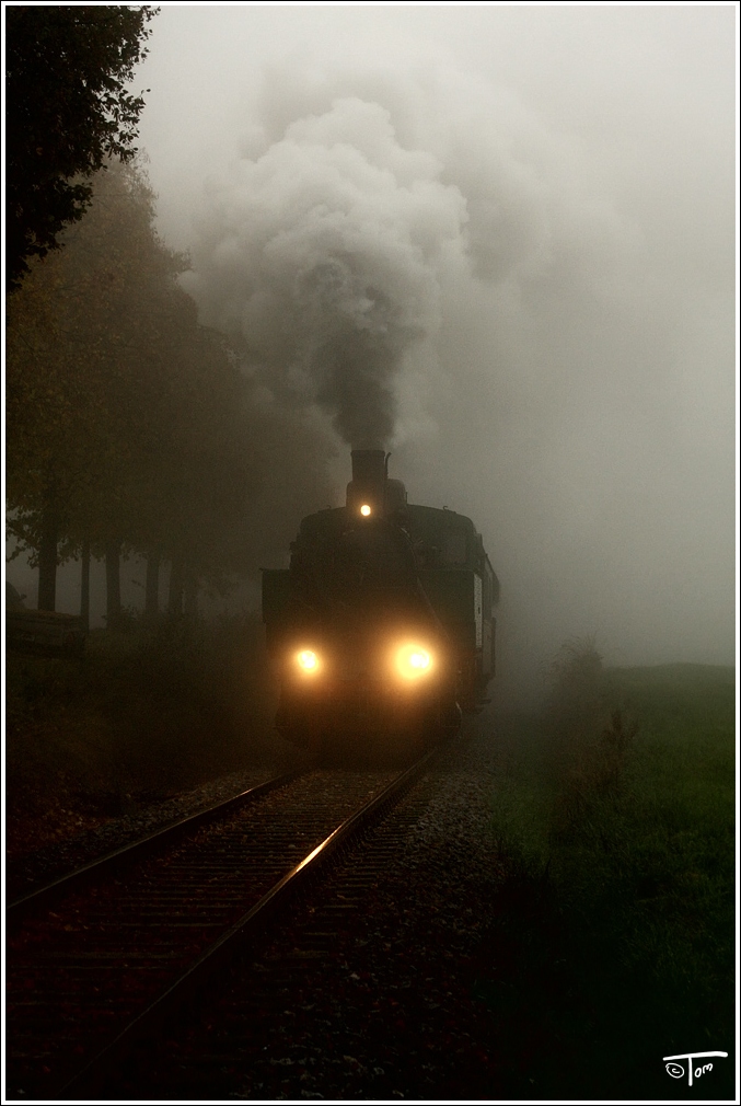 Fr�hmorgens f�hrt die Dampflok WTK 4 der �GEG mit einem Fotozug von Ampflwang nach Timelkam. 
Ampflwang 3.10