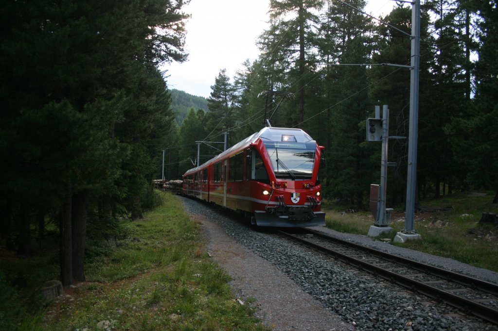 Fr den Zug 4661 (Pontresina - Poschiavo) reicht grundstzlich ein einzelner Allegra-Triebzug problemlos aus. Am 27.7.2010 wurden dem GmP dafr einige Holzwagen mitgegeben. Aufnahme zwischen Pontresina und Surovas. 