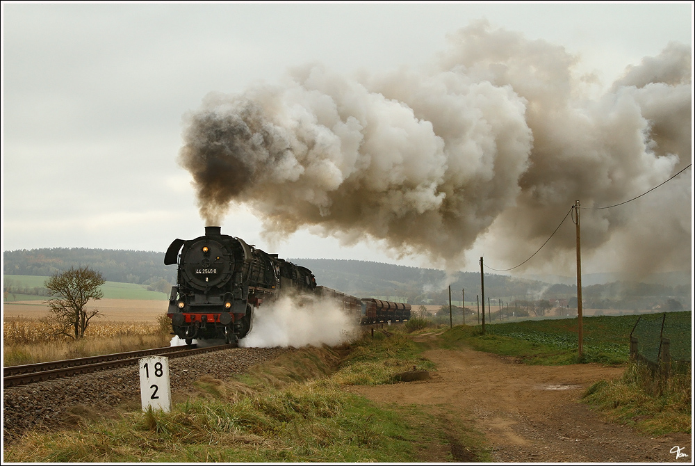 Full steam ahead - 44 2546 + 44 1486 fhrt mit Plangterzug von Bad Salzungen nach Eisenach.  
Oberrohn 27.10.2011