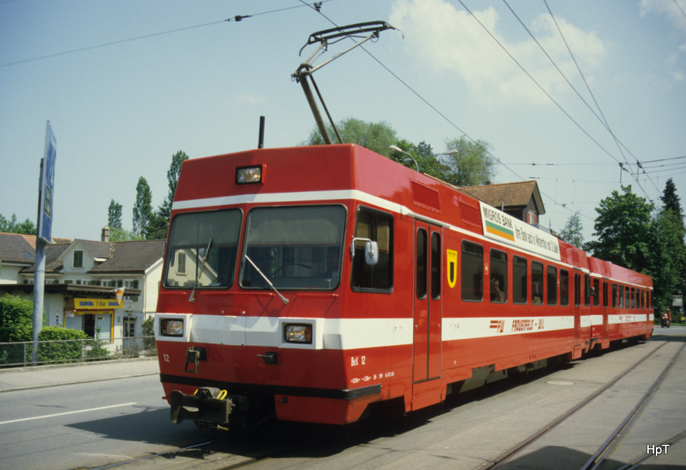 FW - Triebwagen Be 4/4 12 mti Steuerwagen Bt 112 unterwegs in Matzingen im Mai 1985 .. Bild ab Dia