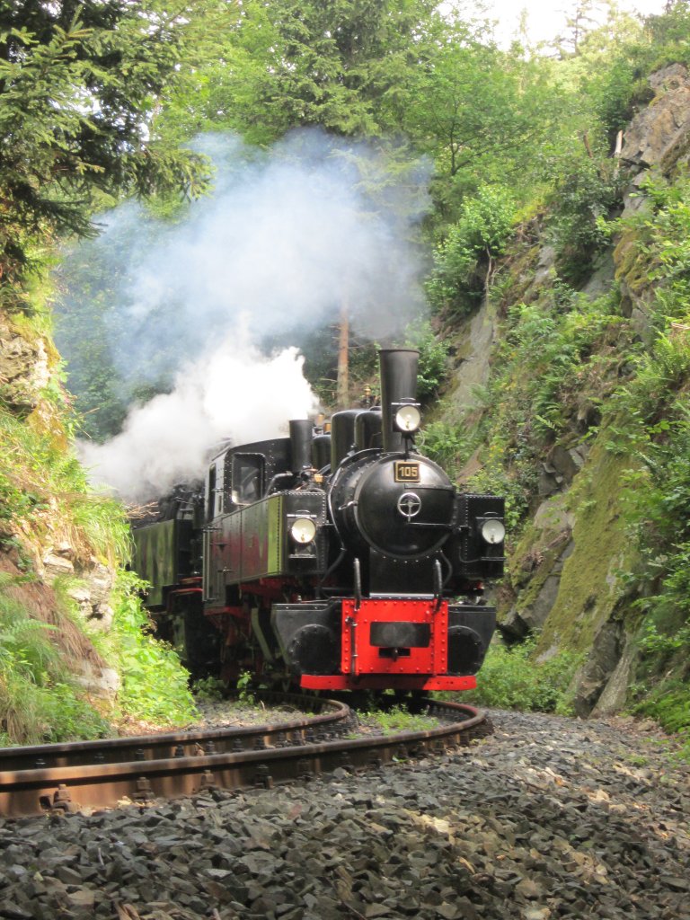 Gastlok 105 (Mallet-Lok) mit 996001-4 unterwegs mit Zug 8963 hinter Drahtzug, um 11:37 am 12.08.2012.
