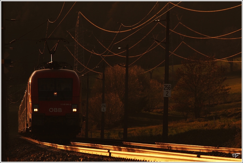 Gegenlichtaufnahme der 1116 084, welche mit EC 630  easybank  von Villach nach Wien Meidling unterwegs war.
St.Georgen 30.10.2010 