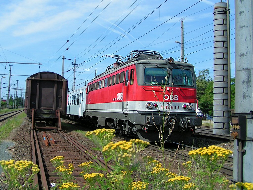 Gelbe Blten am Mittelbahnsteigende in Marchtrenk, und die einfahrende 1142 611-1 mit R3013;100713