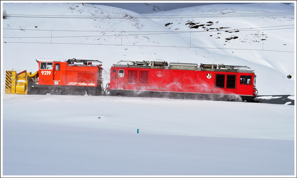 Gem 4/4 802  Murmeltier  und Xrot 9219 kommen von einem Einsatz am Berninapass zurck und dieseln ber die Alp Bondo Richtung Depot Pontresina. (22.02.2011)