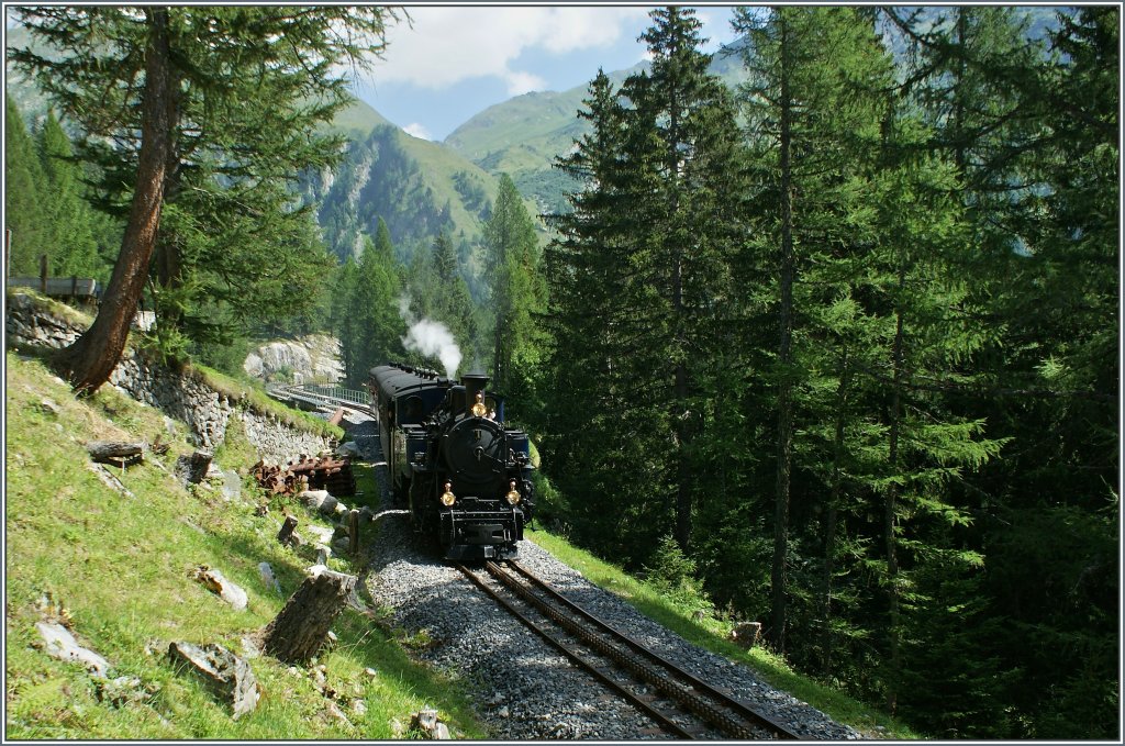 Gemtlich fhrt der Zug 131 hinunter ins Tal nach Oberwald.
(05.08.2013)

