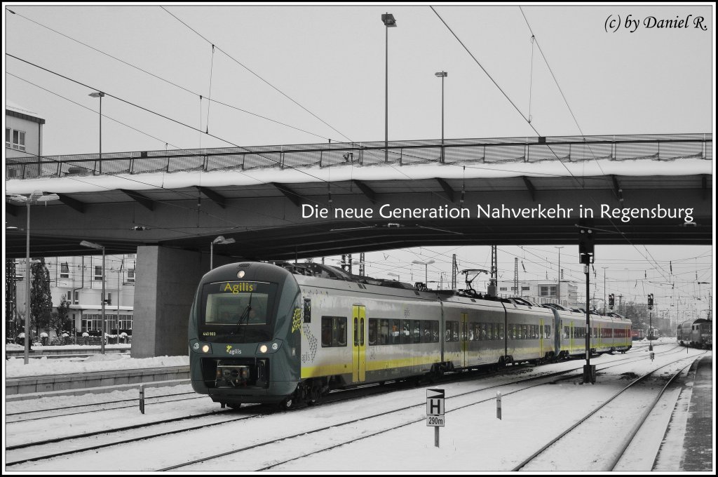 Generationswechsel in Regensburg. Statt den 111/143+N-wagen und Steuerwagen, werden wir dass sehen. Die 440er von der Agilis GmbH. Sie werden kompletten Nahverkehr in und um Regensburg �bernehmen. Das bedeutet: 
Regensburg-Plattling, Regensburg- Landshut, Regensburg Neumarkt und Regensburg-Ingolstadt. 

Hoffe das leicht Ver�nderte Bild, gef�llt. 
 (05.12.10, Regensburg Hbf) 