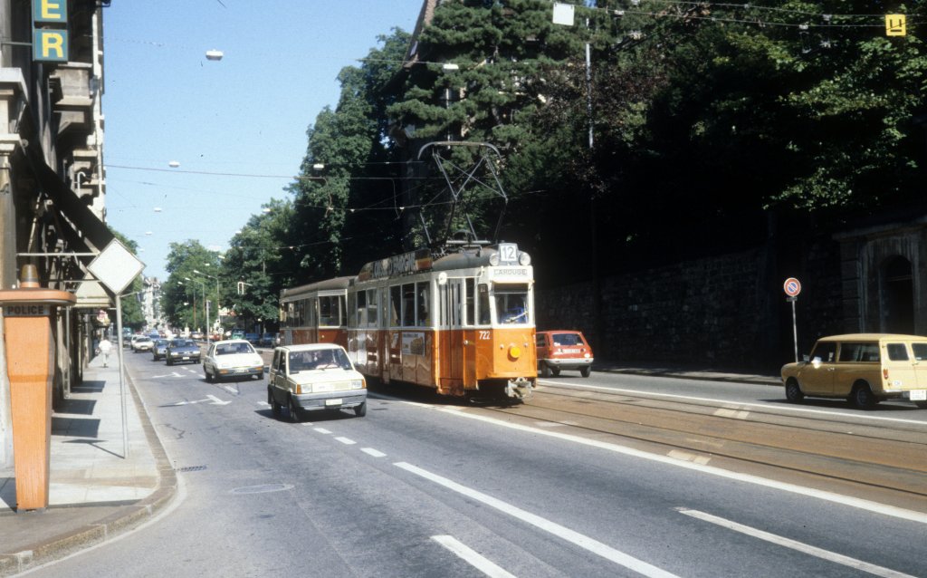 Genve / Genf TPG Tram 12 (Be 4/4 722) Route de Chne am 25. Juli 1986.