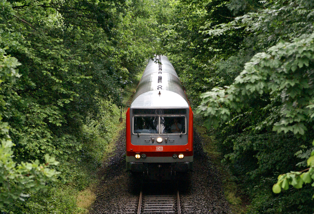 Geschoben von 218 104-8 bewegt sich am 20.06.2010 eine Wendezuggarnitur bei Timmdorf gen Kiel Hbf.