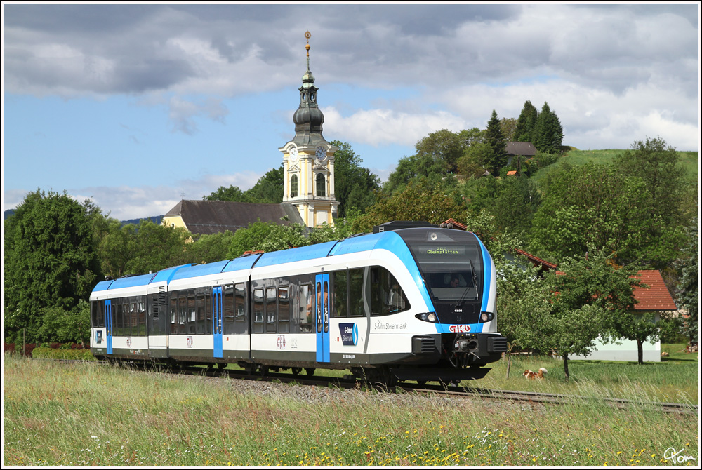 GKB GTW 63.08  S-Bahn Steiermark  fhrt als Sonderzug auf der Sulmtalbahn von Wies-Eibiswald nach Gleinsttten und retour. (Oberleitung entfernt)
Wies-Markt 17.5.2012