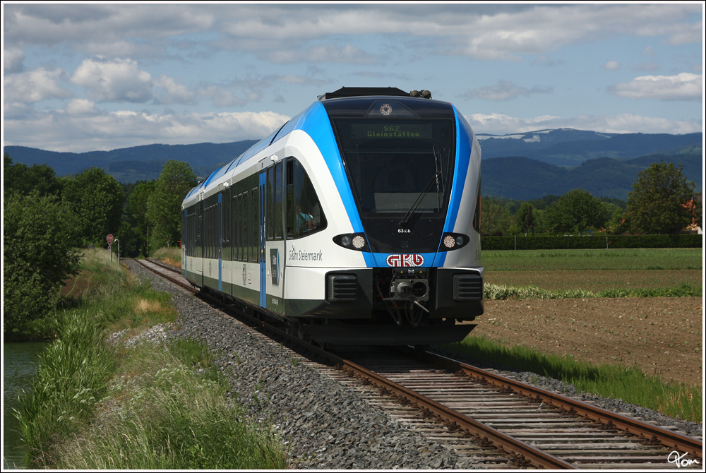 GKB GTW 63.08  S-Bahn Steiermark  fhrt als Sonderzug auf der Sulmtalbahn von Wies-Eibiswald nach Gleinsttten und retour. 
Gleinsttten 17.5.2012

