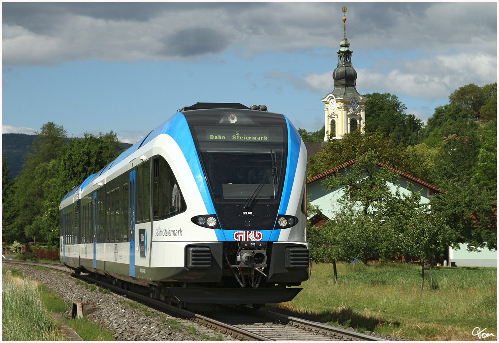 GKB GTW 63.08  S-Bahn Steiermark  fhrt als Sonderzug auf der Sulmtalbahn von Wies-Eibiswald nach Gleinsttten und retour.
Wies-Markt 17.5.2012

