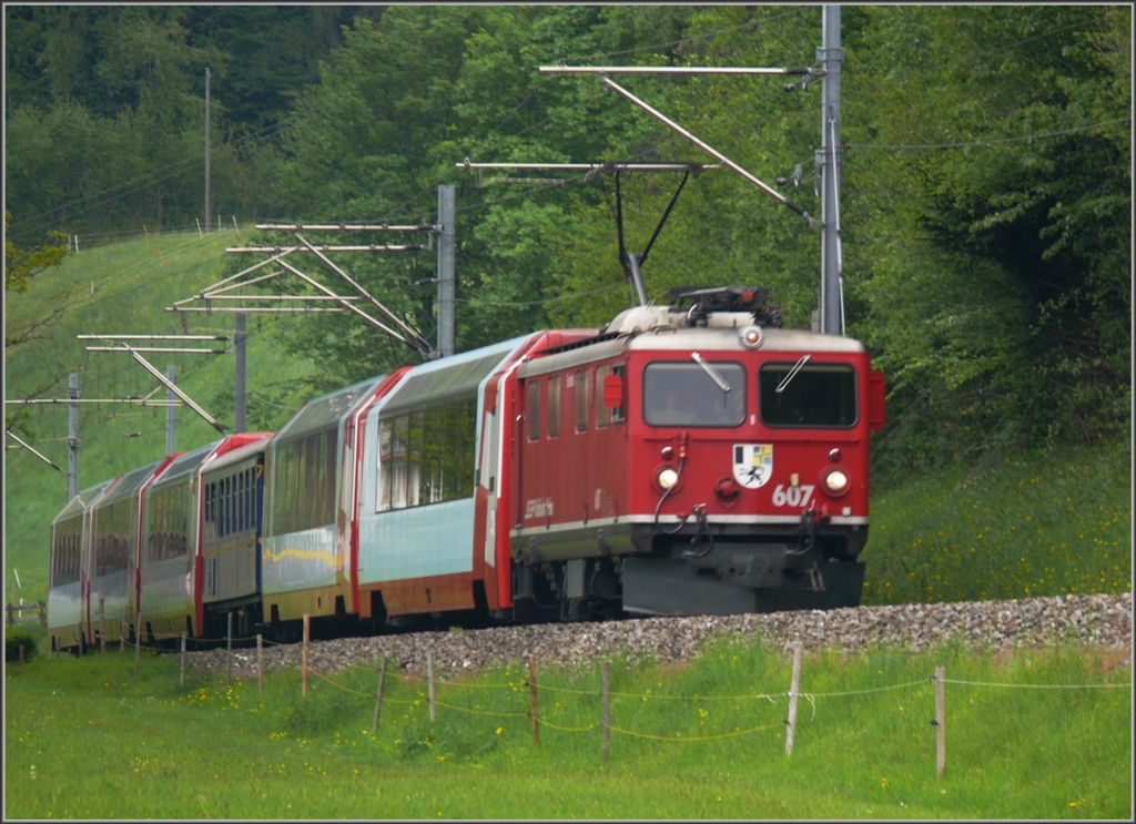 GlacierExpress 902 mit der Ge 4/4 I 607  Surselva  begenet mir oberhalb Reichenau-Tamins. (18.05.2010)