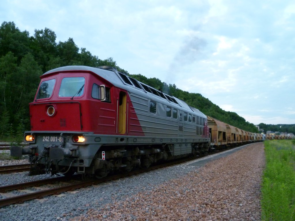 Glckstreffer am 29.06.11. Die EKO 242 001-6 bei der Abfahrt um 21:18 Uhr in Adorf mit paar Wagen nach Oelsnitz. 