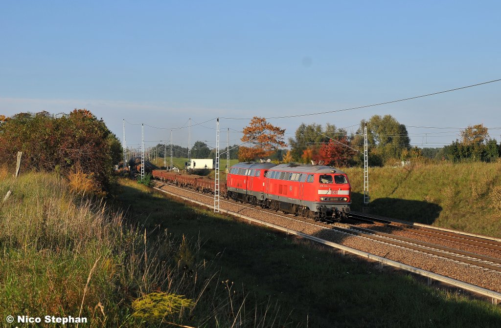 Glck gehabt! Ein in dieser Gegend super-seltenes V160-Doppel (218 249-1 + 218 208-7) mit reichlich Altschotter passiert die langsam in goldenes Licht getauchten Felder von Brandenburg (Priort 12.10.10)