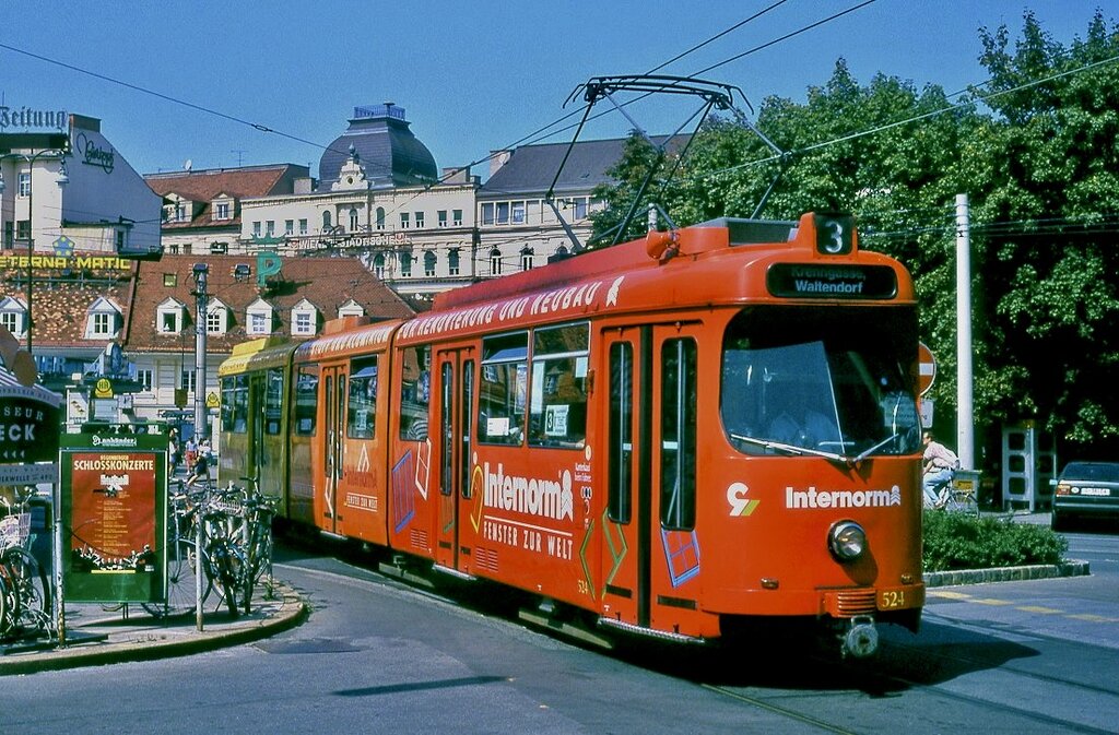 Graz Tw 524, ex Duisburg 1080, am Jakominiplatz, 23.08.1993.