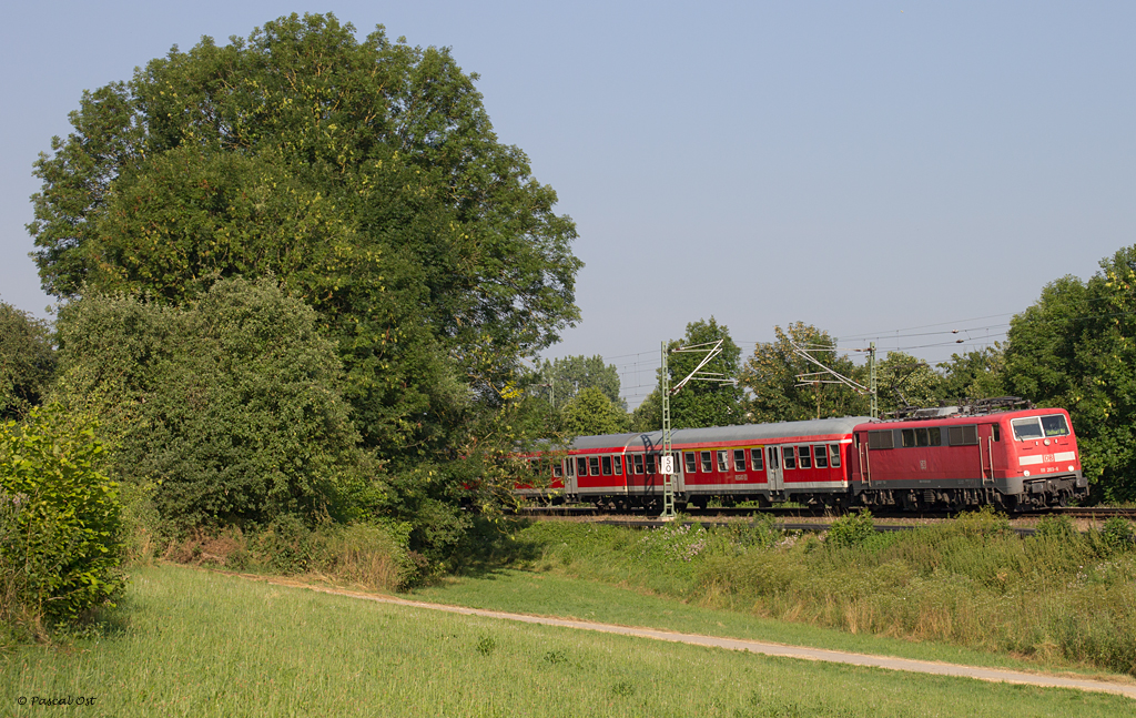 Groer Baum, kleine Lok - Die Stuttgarter 111 203 ist am 16.07.2013 damit beschftigt, IRE 3270 in die Landeshauptstadt zu bringen. Kurz hinter Wendlingen entstand dabei diese Aufnahme.