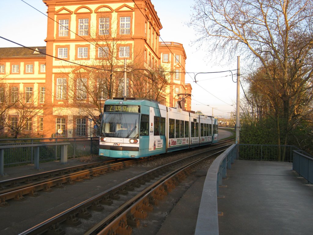 GT6N 5637 fhrt gerade die Haltestelle Konrad-Adenauer-Brcke an,....(im Hintergrund das Barockschloss von Mannheim)