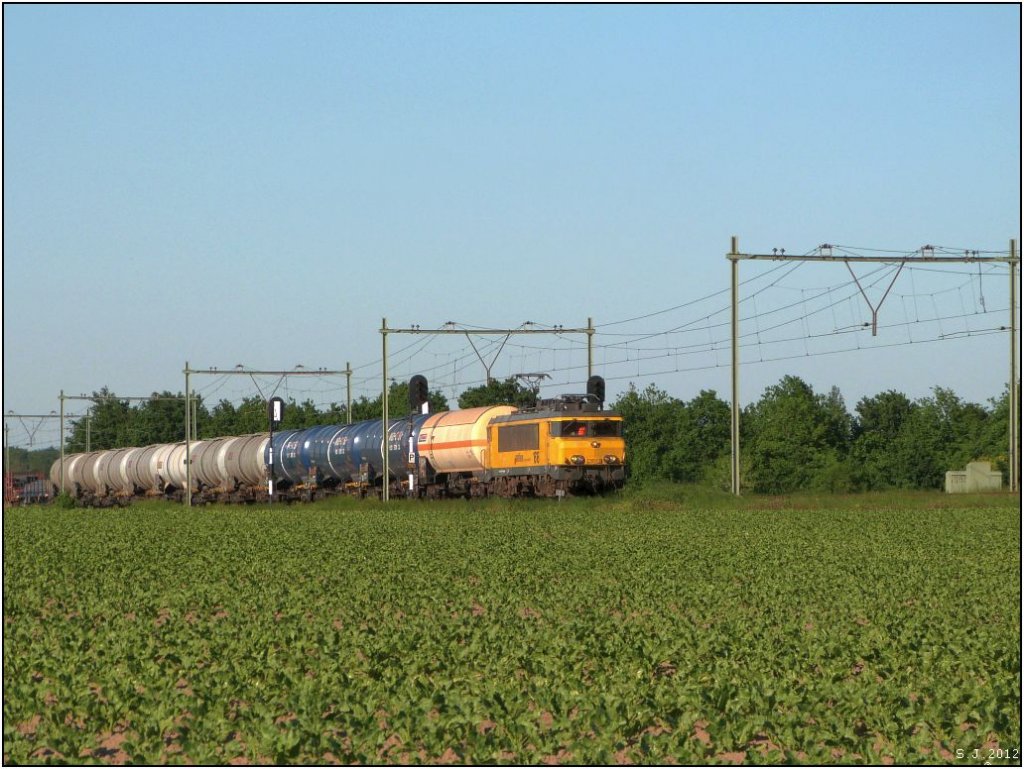 Gterverkehr auf der Relation Roermond - Maastricht. Als Zugpferd die 1616 der Railion NL. Location: Echt/Niederlande, Mai 2012.