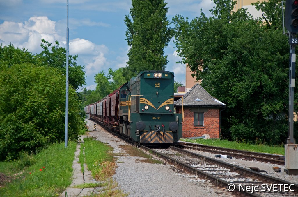 Gterzug mit 664-101 aus Ungarn fhrt in Bahnhof Murska Sobota ein.