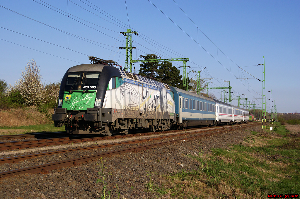 GySEV 470 503  Franz Liszt  war heute mit D285 (Wien Meidling - Zagreb) im Streckenabschnitt, Sopron - Szombathely, unterwegs. Harka, 09.04.2012 