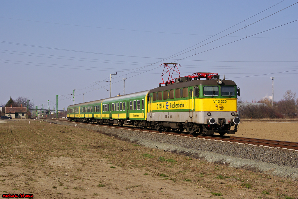 GySEV/Raaberbahn V 43 320 fhrt mit Zug 9144 nach Szentgotthrd. Szombathely, 14.03.2012