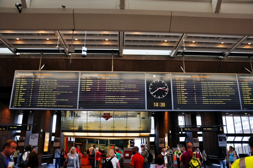 Hauptanzeigetafel mit Abfahrts- und Ankunftsbersichten ber dem Hauptverbindungsgang zu den Bahnsteigen. Oslo-Sentralstasjon
