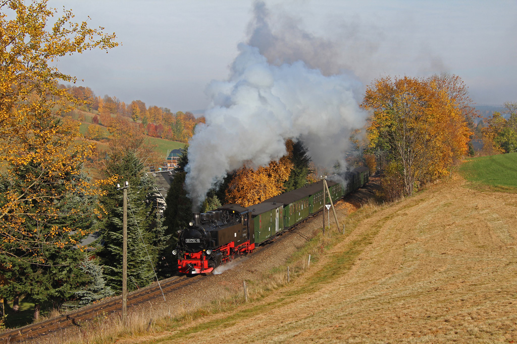 Herbstdampf am Fichtelberg. Mit 99 1794-9 und der DR-Garnitur unterwegs von Cranzahl nach Oberwiesenthal, hier nur ein paar Meter weiter am Ortsausgang von Cranzahl, am 24.10.2012.