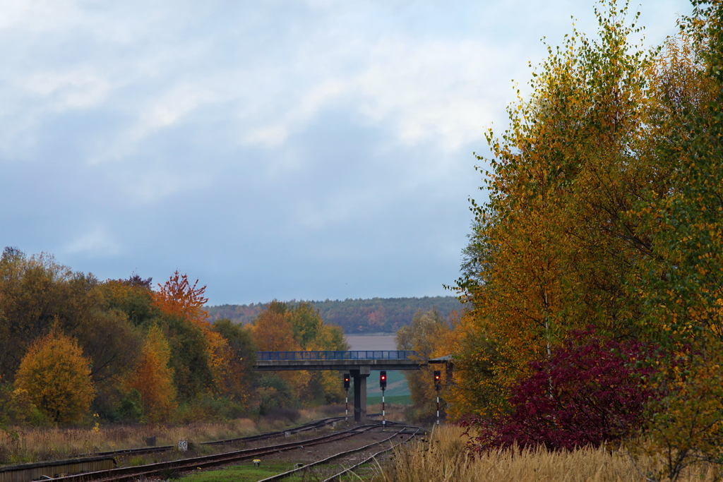 Herbstlich eingerahmte Bahnanlagen des Bahnhofs Strasburg (Uckermark). - 23.10.2012
