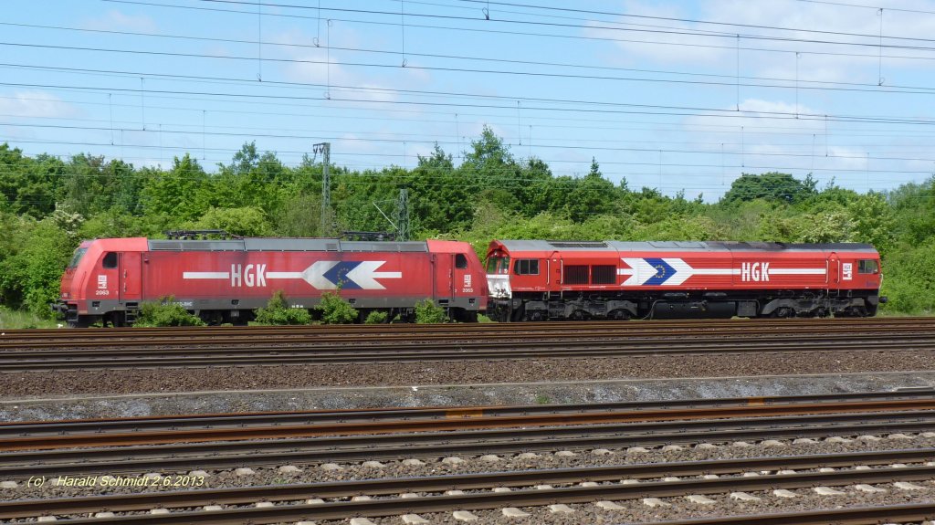 HGK 2063 (185 605) und DE 671 am 2.6.2013, abgestellt auf dem Rangierbahnhof Hamburg-Wilhelmsburg