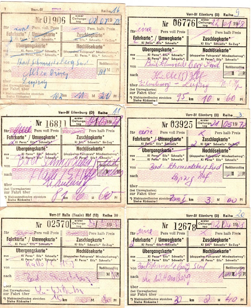 hier von 1978, an eine unliebsame Begebenheit erinnert sich der Fahrkartensammler:
Statt des  VT 171.0 oder 172.  wummerte eine Taigatrommel mit einem Bag  und  einem Bagtr  heran, das Fotoverbot wurde bertreten, ging auch alles gut, leider wollte ich in Eilenburg ein Abschiedsfoto schieen,  freundliche  Genossen der Trapo konfiszierten meinen Film, lieen mich in der   Diensstelle   so lange zubringen, bis der letzte Zug nach Halle weg war, nach 2 Bier schlo die Bahnhofsgaststtte und ich geno den Sommerabend auf dem Eilenburger Bahnhof. Um die Fotos tat es mir am meisten leid.  
