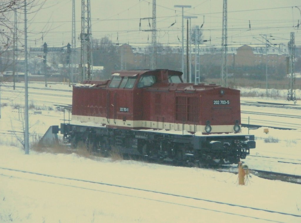 Hier 202 703-5, diese Lok stand am 18.1.2010 im Angermnder Gterbahnhof.