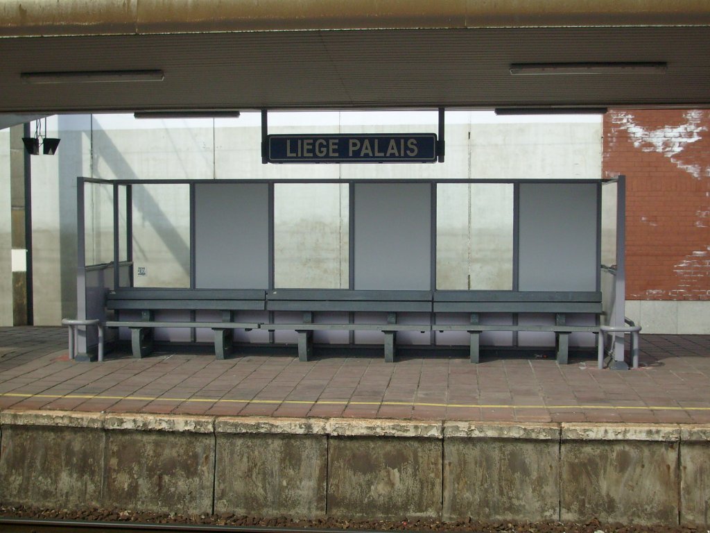 Hier eine der Bnke auf denen man auf die Abfahrt des Zuges warten kann. Gesehen am 17.3.2010 in Lige Palais.