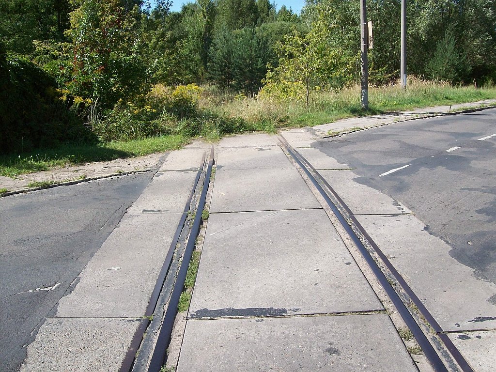 Hier im Bild einer der beiden B in der Mhlenstrae, ber diese Gleise vom Walzwerk zum ehem. Messingwerk bestand eine Verbindung von der Industriebahn zur Eberswalde-Finowfurter Eisenbahn.
31.08.2008