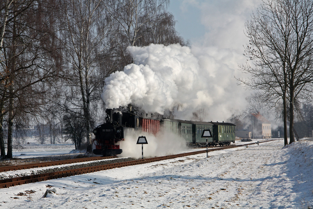 Hier durchfhrt der Zug den Abzweig nach Kemmlitz, 12.02.2012.