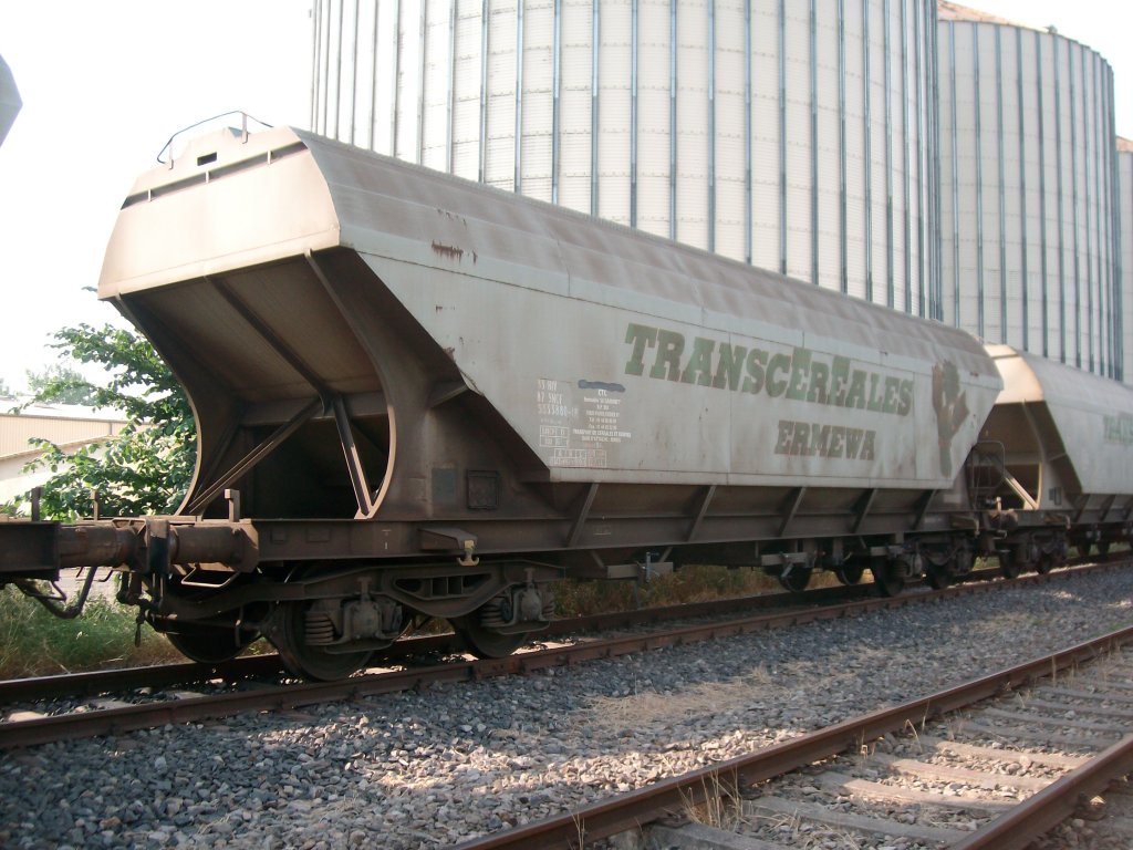 Hier ein franzsischer Getreidewagen am 11.7.10 in Bad Langensalza Ost.Anschrift: TRANSCEREALES ERMEWA; Wg.-Nr.33 87 933 5 586-2; SNCF.