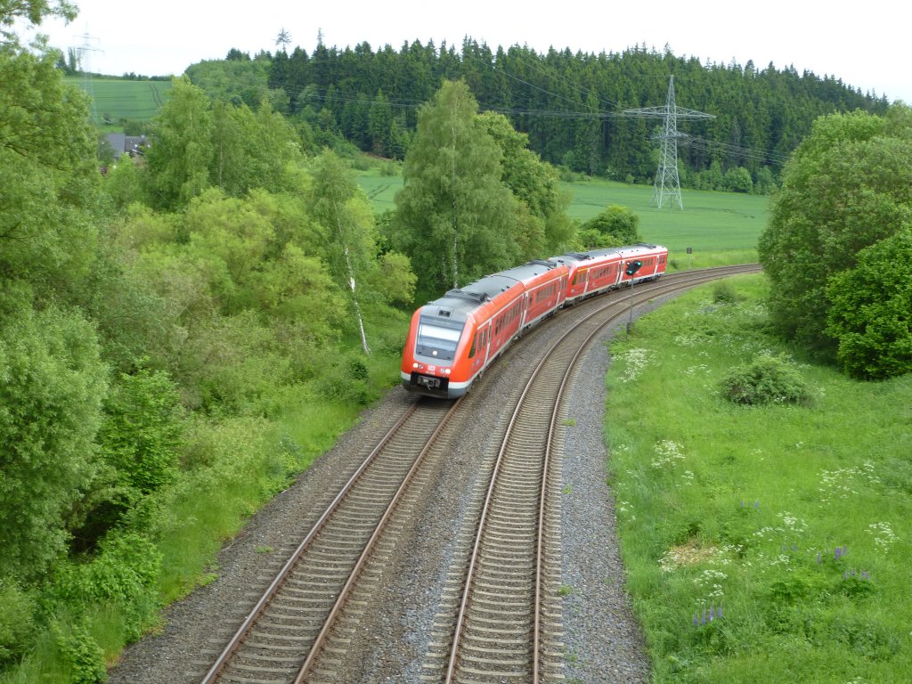 Hier fährt ein RE, gebildet von zwei Triebzügen der BR 612, zwischen Oberkotzau und Hof.
Nächster Halt wird in weniger Minuten Hof Hbf sein, 9.Juni 2013.