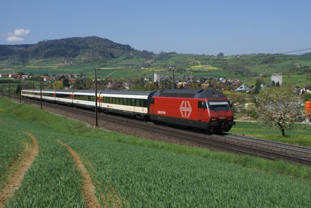 Hier das gestern von mir angekndigte Bild, auf dem rechts der Baum nicht verdeckt ist. Mglich machte dies, dass die Re 460 065-6 den vorderen Panto gehoben hatte und ich etwas frher auslsen konnte. Das Bild entstand am 27.4.10 bei Frick.