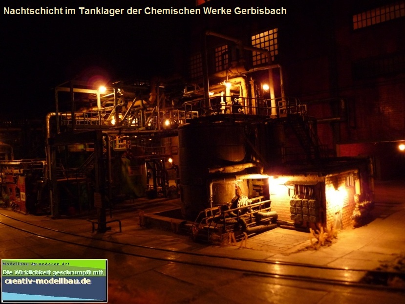 Hier meine Industrieanlage der Chemischen Werke Gerbisbach in 1:87 (HO).
Nachtschicht im Rohstofftanklager.