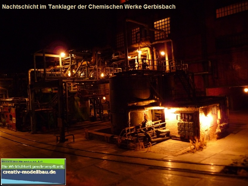 Hier meine Industrieanlage der Chemischen Werke Gerbisbach in 1:87 (HO).
Nachtschicht im Rohstofftanklager.